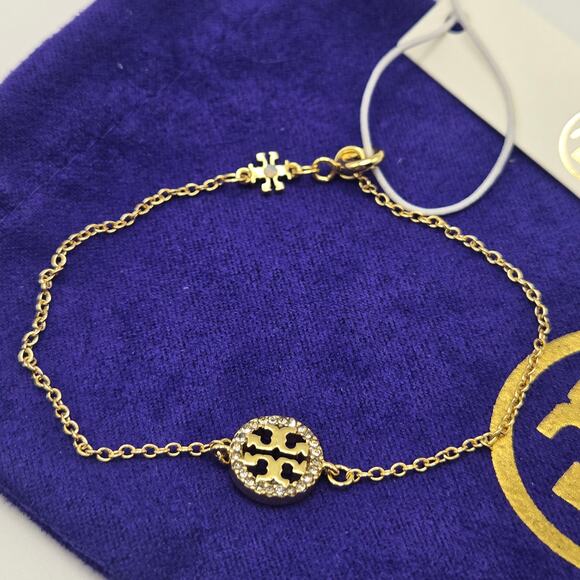 NEW Tory Burch Pave Logo Miller Chain Bracelet Gold Crystal T Logo Simple Basic - Picture 1 of 5